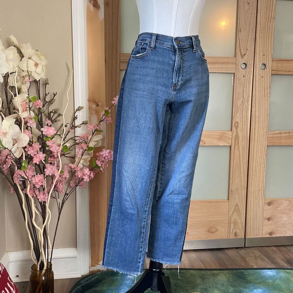 Banana Republic Mid Rise Dark Wash Girlfriend Straight Ankle Length Jeans Frayed
